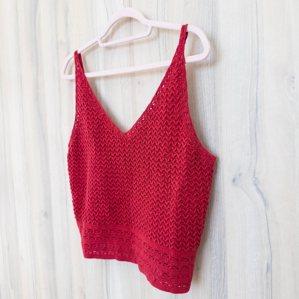 Jones New York Womens Crochet Crop Tank Top Size L Red Hand Knit Boho Festival - Picture 3 of 6